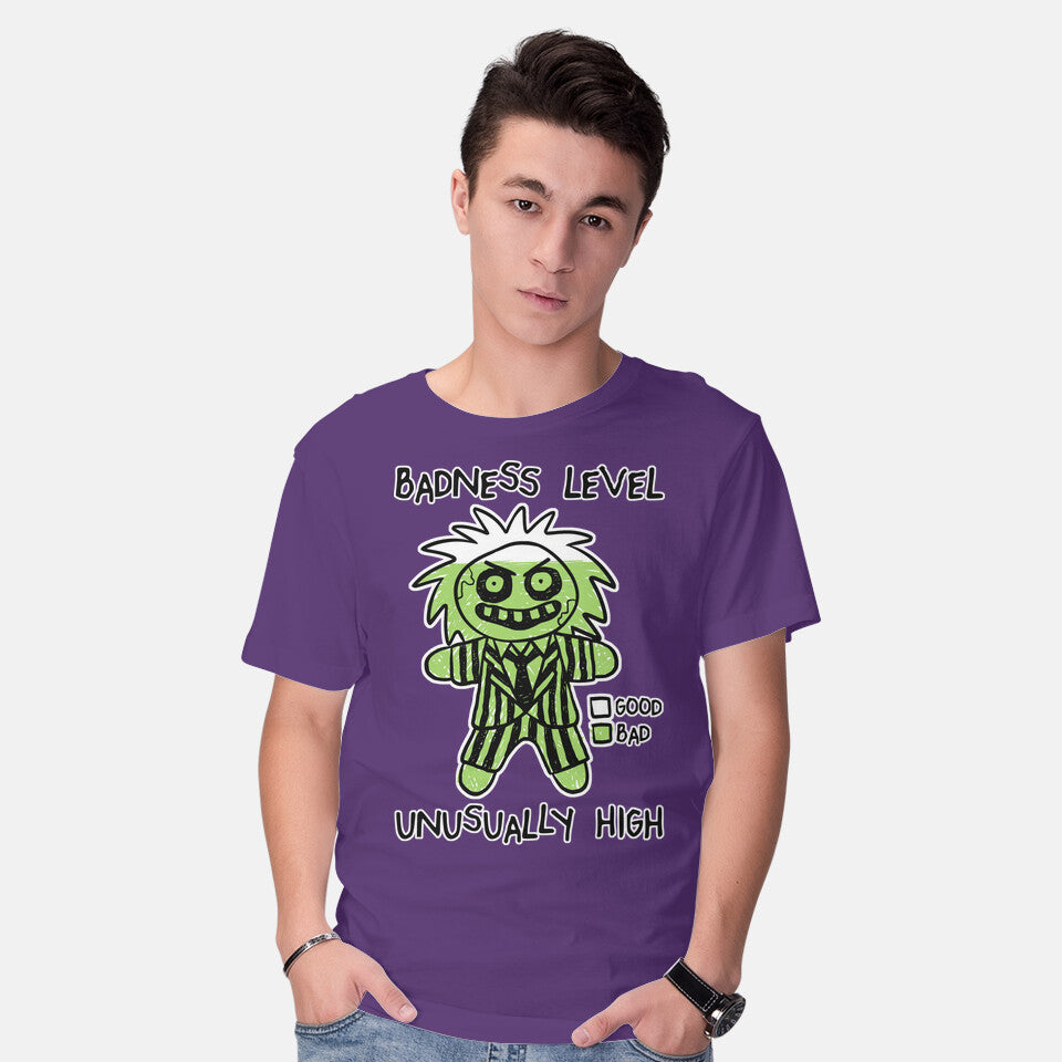 Model wearing purple BJ Badness level – Horror Graphic T-Shirt