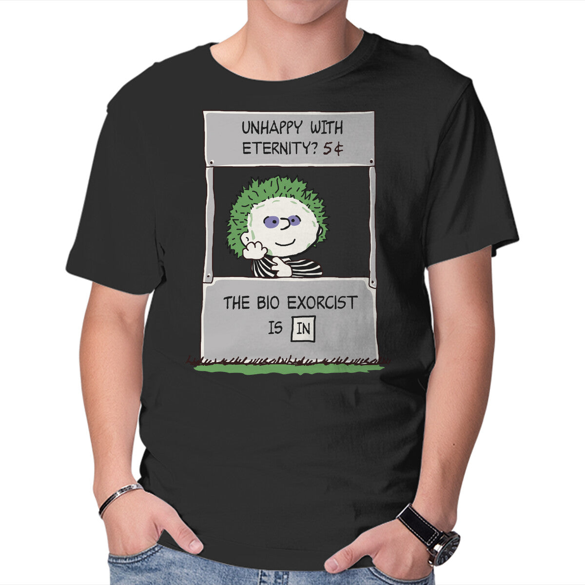Bio Exorcist Consultancy – Horror Graphic T-Shirt in black, product display