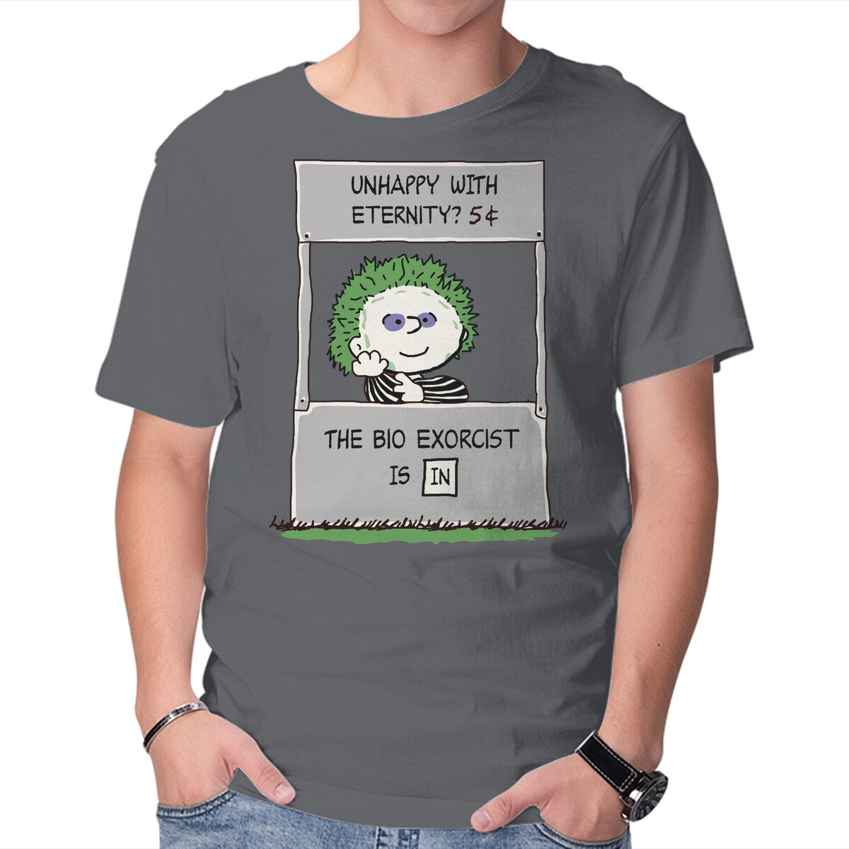 Bio Exorcist Consultancy – Horror Graphic T-Shirt in charcoal, product display