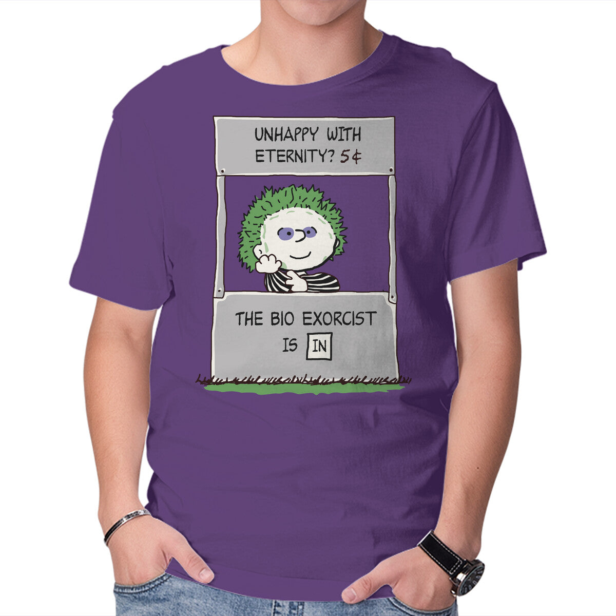 Bio Exorcist Consultancy – Horror Graphic T-Shirt in purple, product display