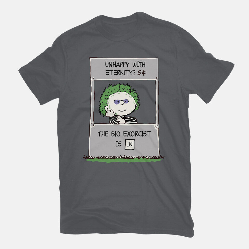 Bio Exorcist Consultancy – Horror Graphic T-Shirt in charcoal, flat-lay product view