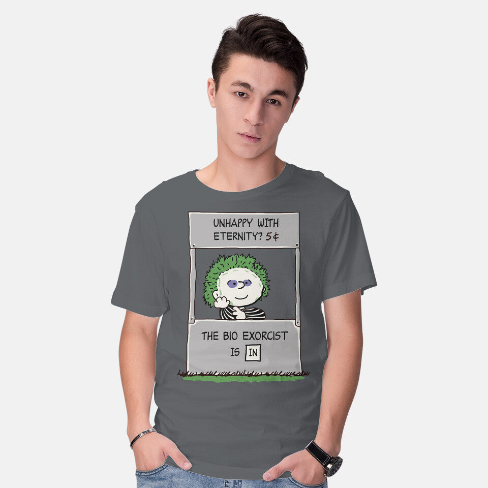 Model wearing charcoal Bio Exorcist Consultancy – Horror Graphic T-Shirt
