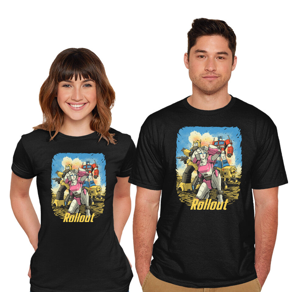 Model wearing black Rollout – Sci-Fi Graphic T-Shirt