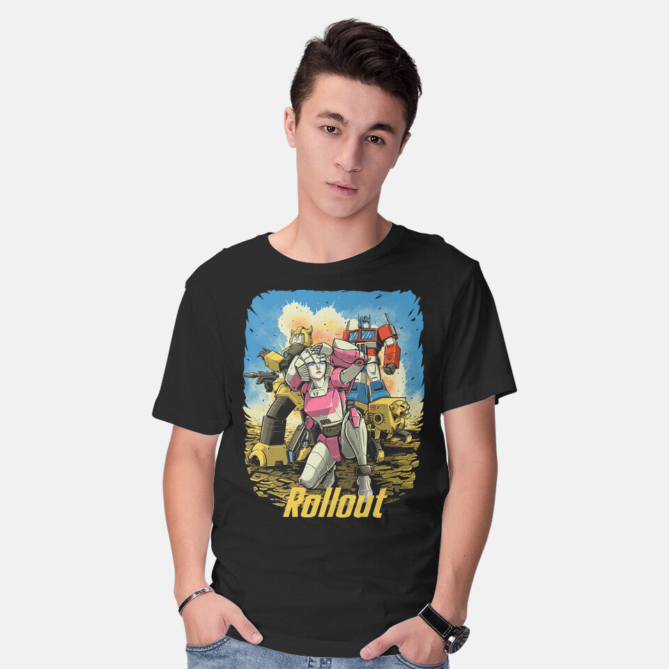 Model wearing black Rollout – Sci-Fi Graphic T-Shirt