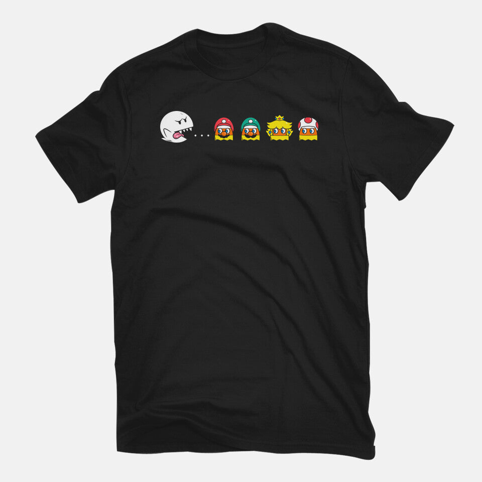 Pac-Boo – Gaming Graphic T-Shirt in black, flat-lay product view