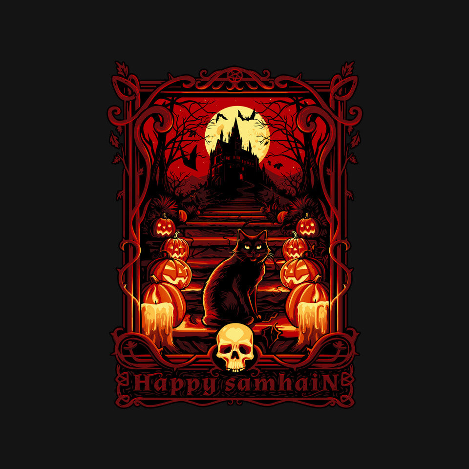 Happy Samhain – Cat Graphic T-Shirt design artwork for black graphic T-shirt