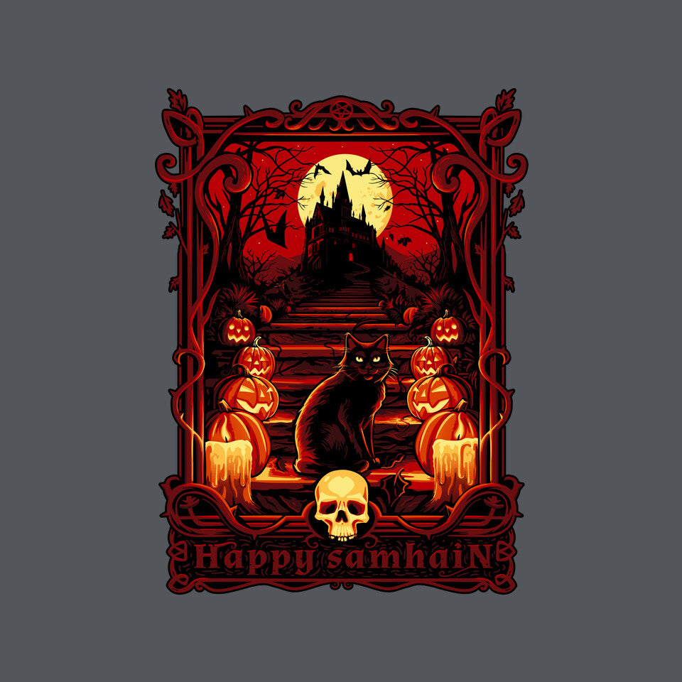 Happy Samhain – Cat Graphic T-Shirt design artwork for charcoal graphic T-shirt