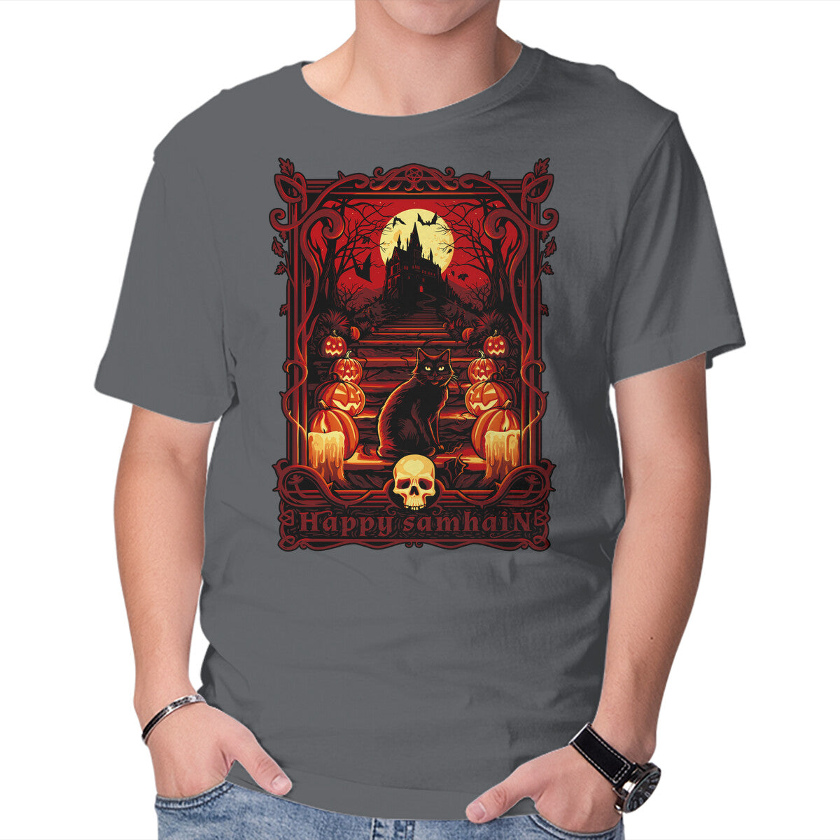 Happy Samhain – Cat Graphic T-Shirt in charcoal, product display