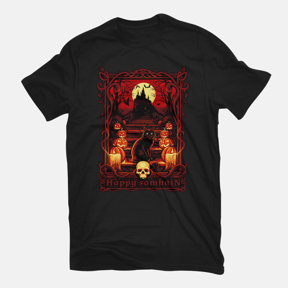 Happy Samhain – Cat Graphic T-Shirt in black, flat-lay product view