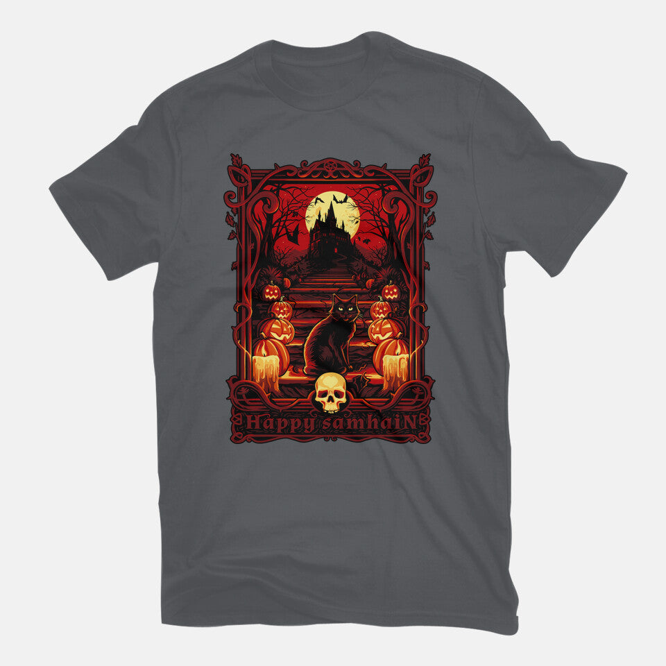 Happy Samhain – Cat Graphic T-Shirt in charcoal, flat-lay product view