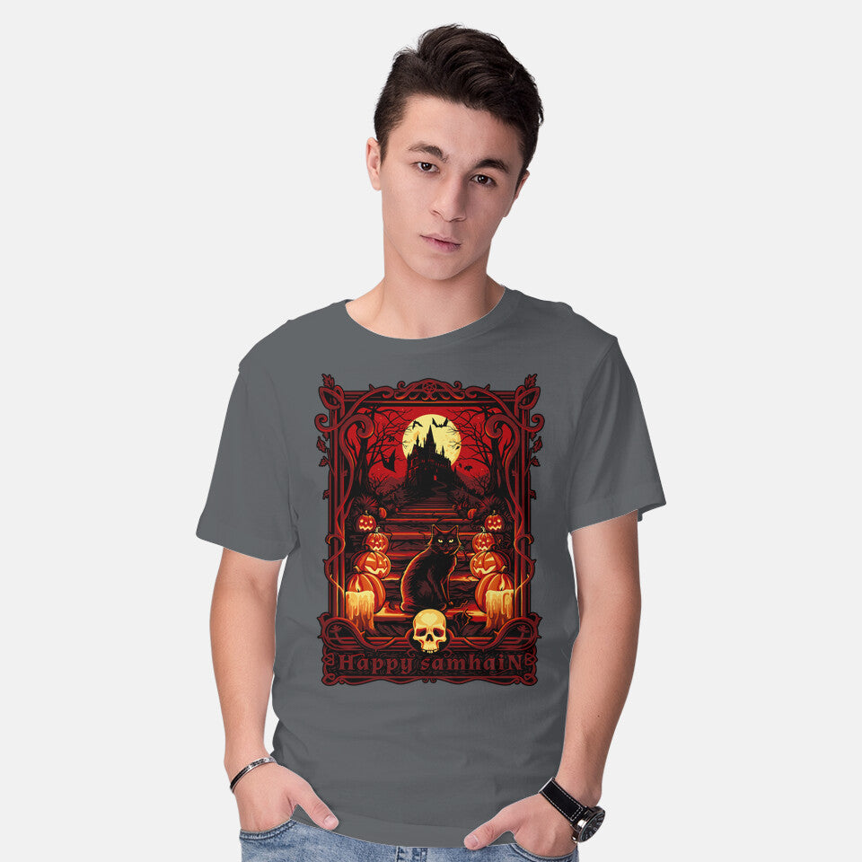 Model wearing charcoal Happy Samhain – Cat Graphic T-Shirt