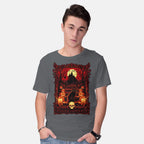 Model wearing charcoal Happy Samhain – Cat Graphic T-Shirt