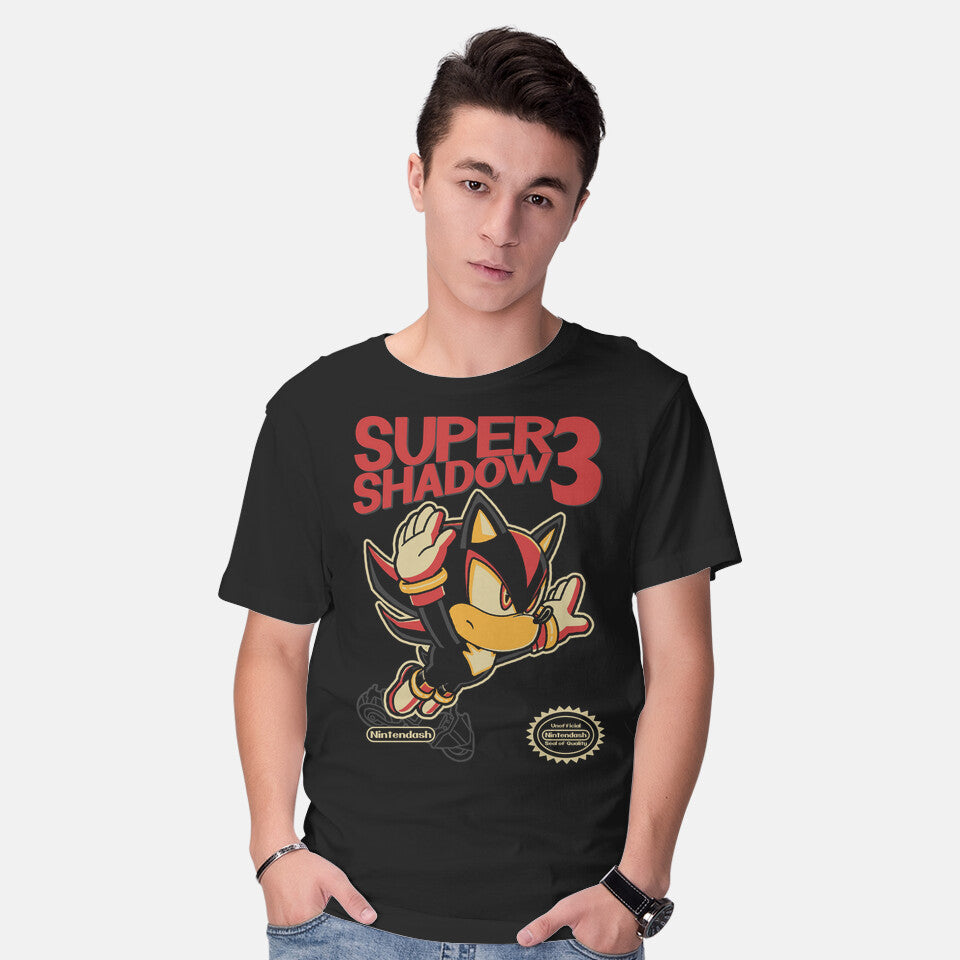 Model wearing black Super Shadow 3 – Gaming Graphic T-Shirt