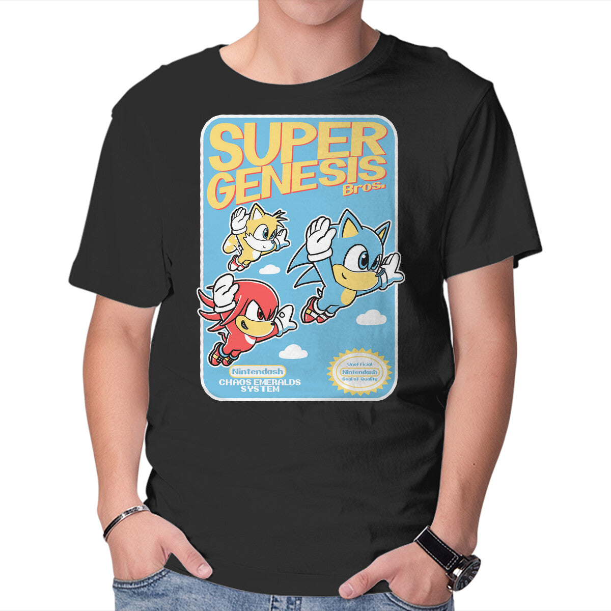 Super Genesis Bros – Gaming Graphic T-Shirt in black, product display