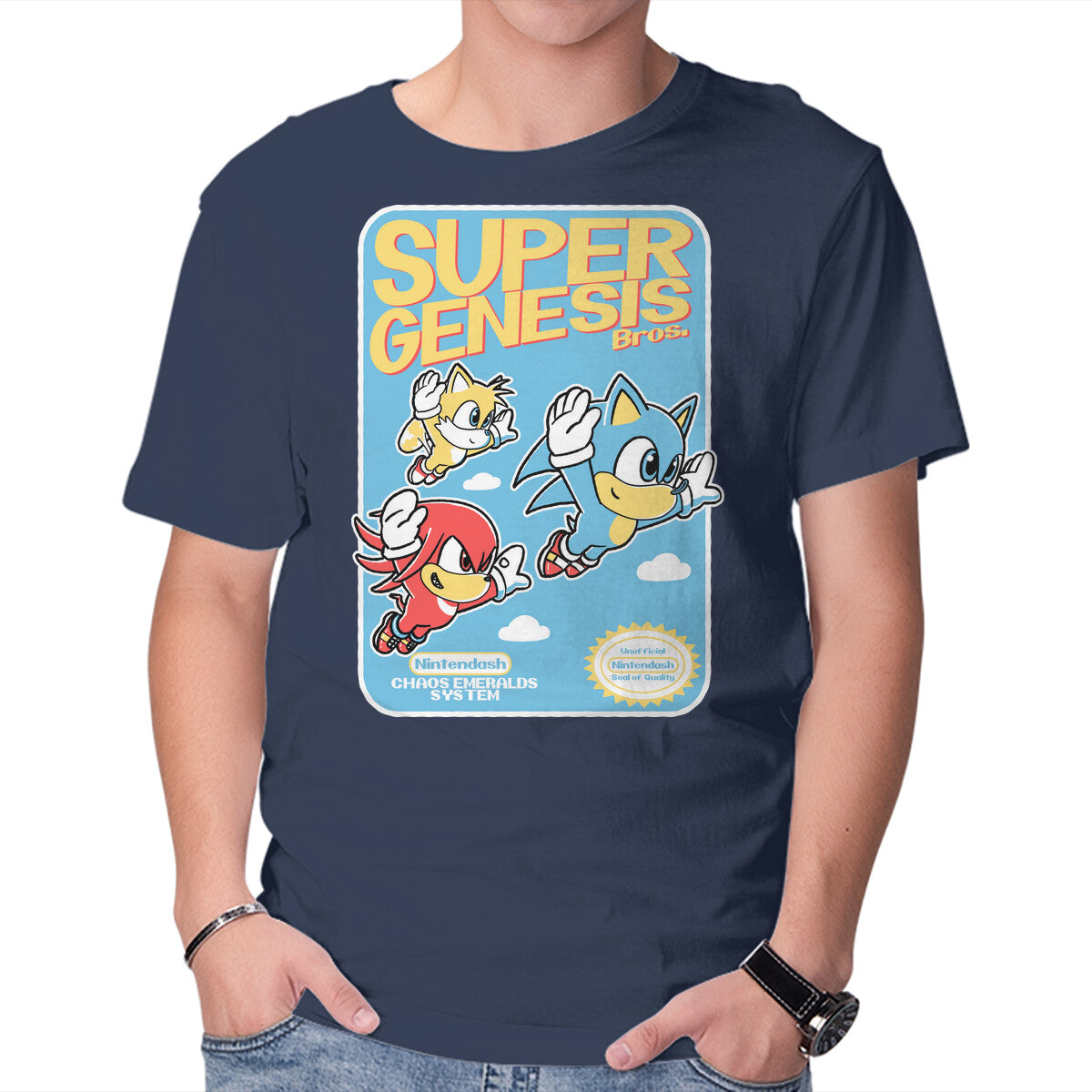Super Genesis Bros – Gaming Graphic T-Shirt in navy, product display