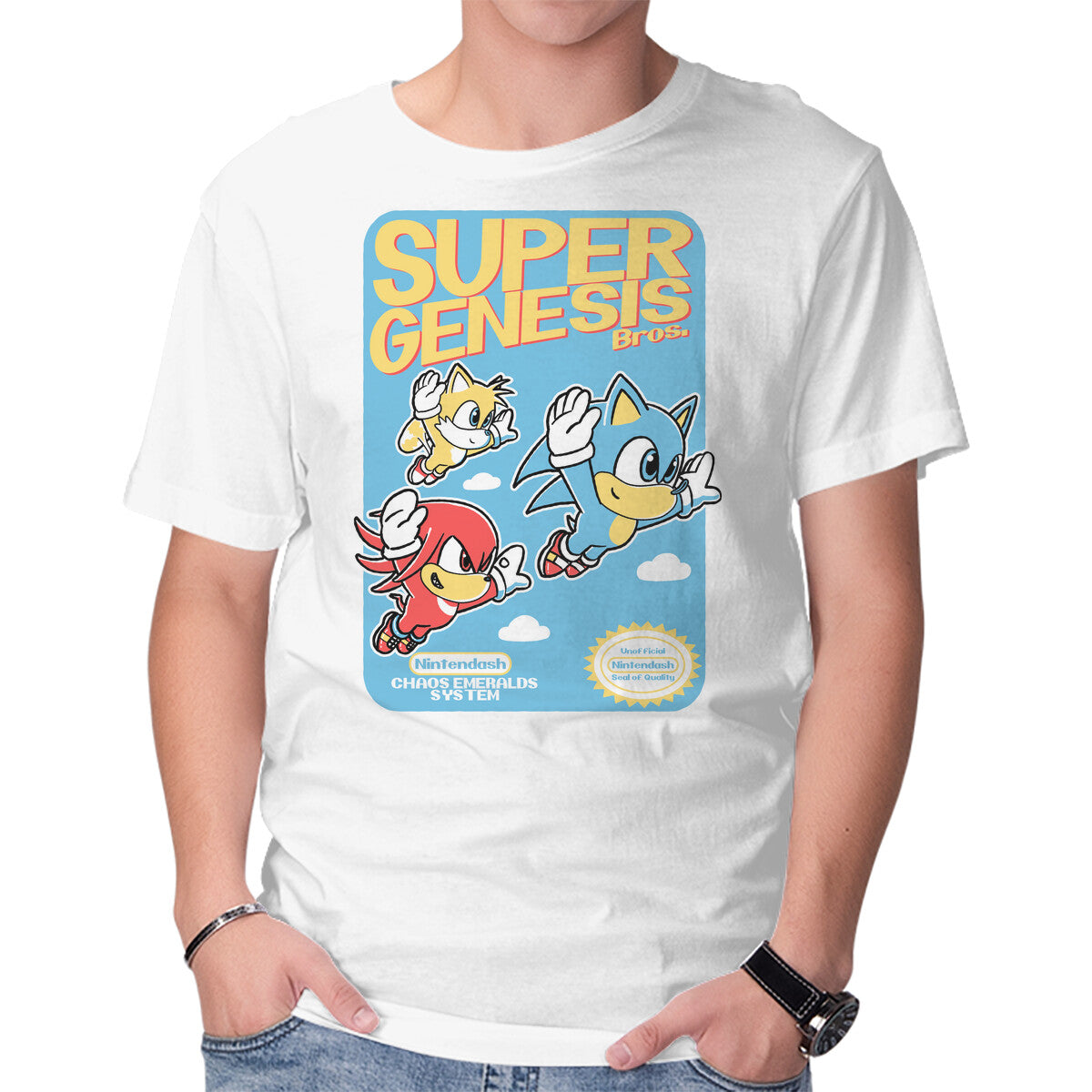 Super Genesis Bros – Gaming Graphic T-Shirt in white, product display
