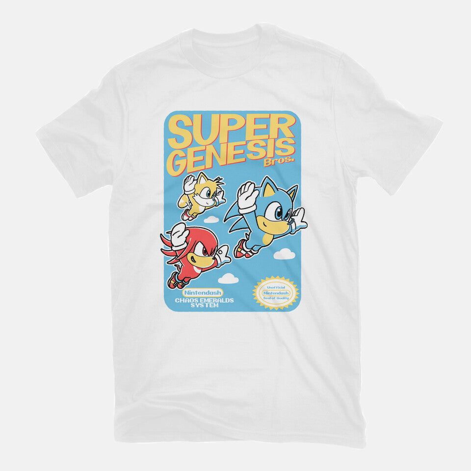 Super Genesis Bros – Gaming Graphic T-Shirt in white, flat-lay product view