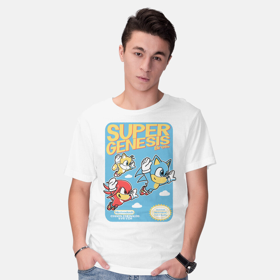 Model wearing white Super Genesis Bros – Gaming Graphic T-Shirt