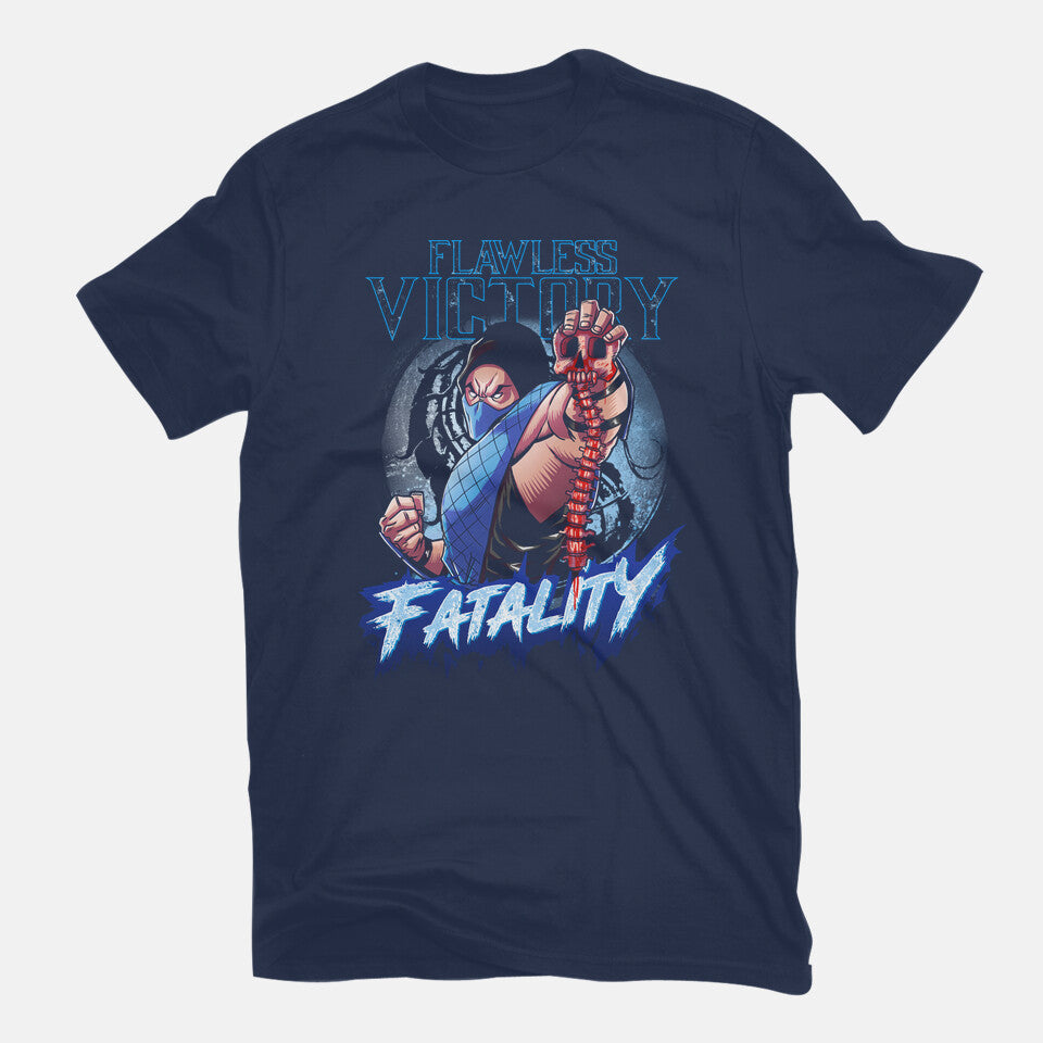 Flawless Victory Fatality – Gaming Graphic T-Shirt in navy, flat-lay product view