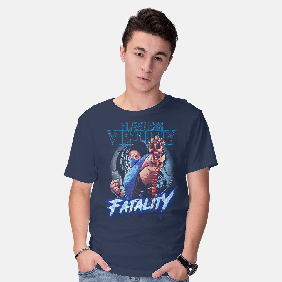 Model wearing navy Flawless Victory Fatality – Gaming Graphic T-Shirt