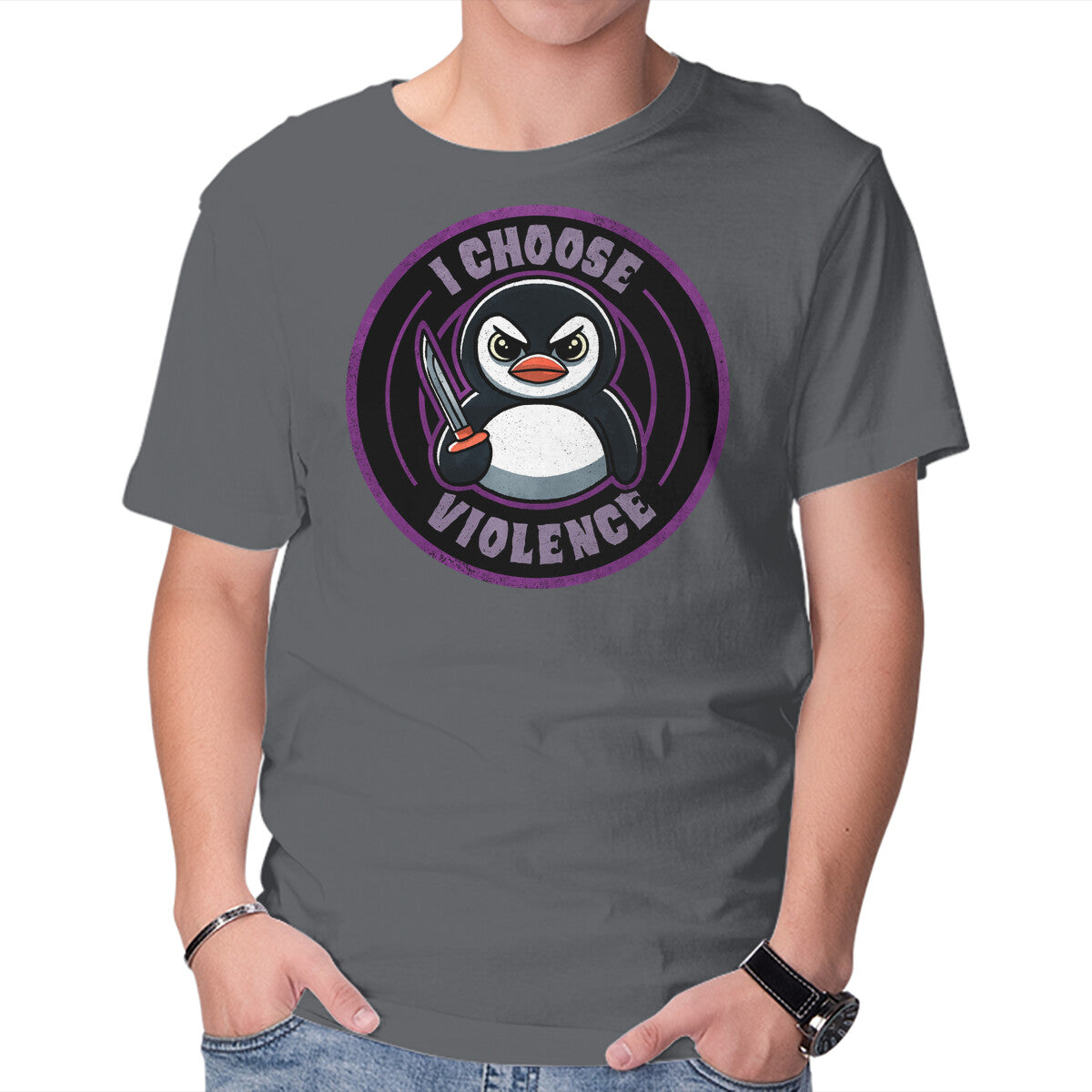 Violent Penguin – Animal Graphic T-Shirt in charcoal, product display