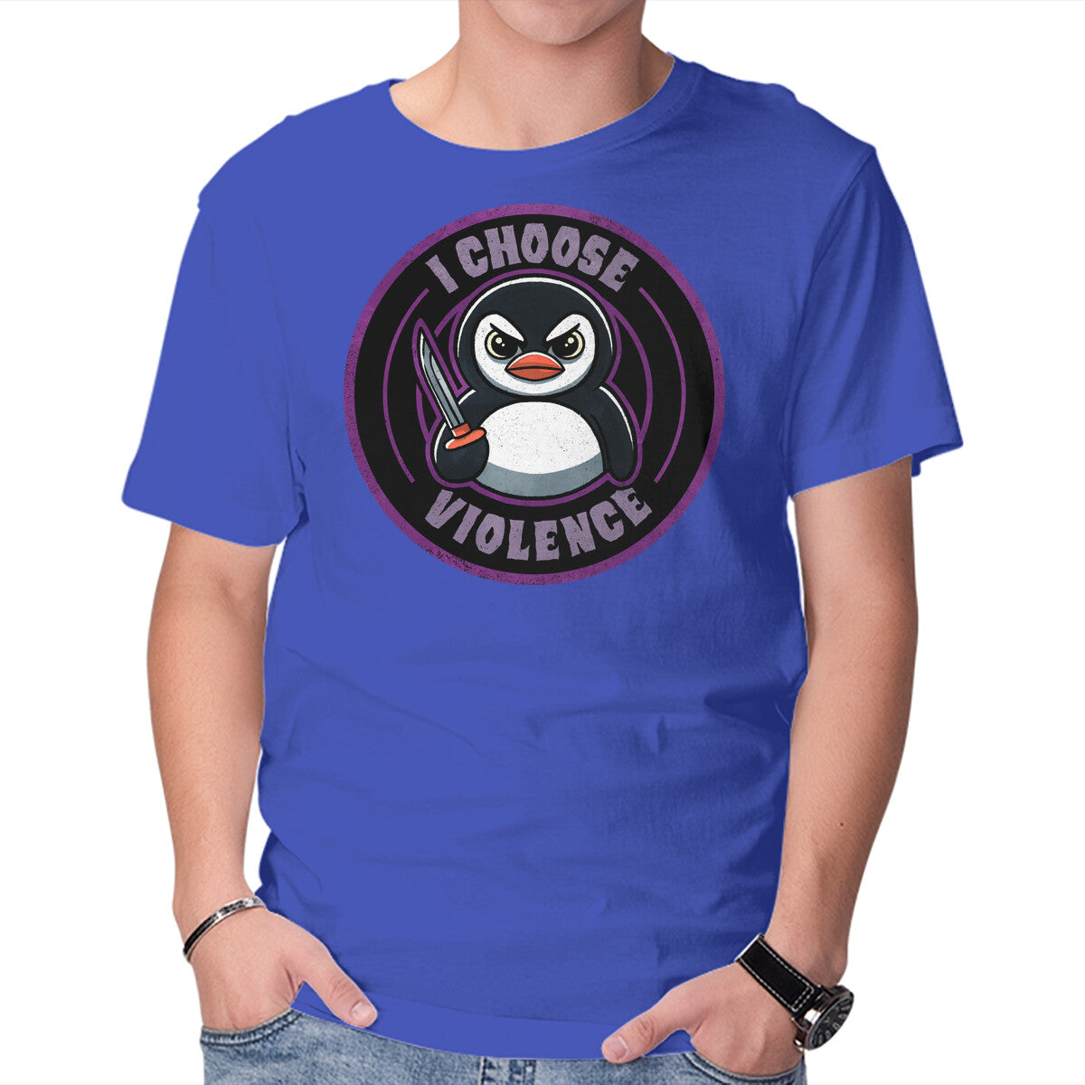 Violent Penguin – Animal Graphic T-Shirt in royal blue, product display