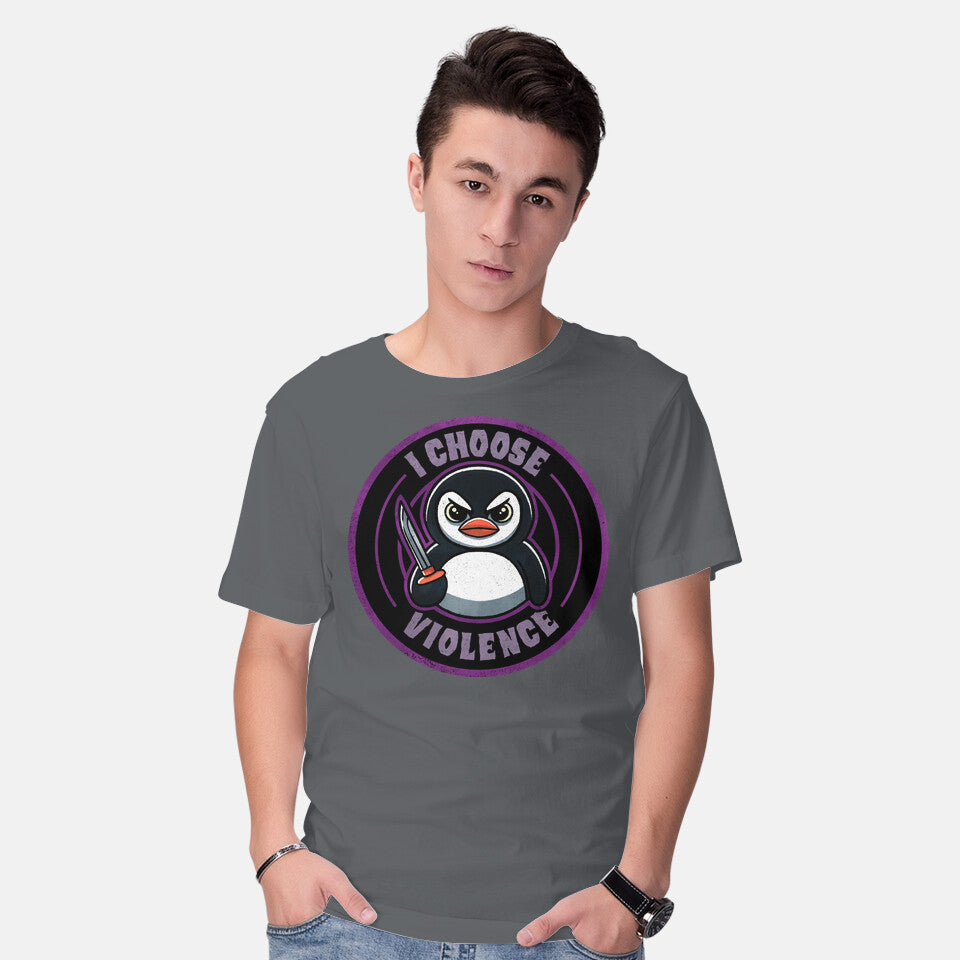 Model wearing charcoal Violent Penguin – Animal Graphic T-Shirt
