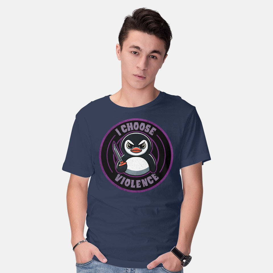 Model wearing navy Violent Penguin – Animal Graphic T-Shirt