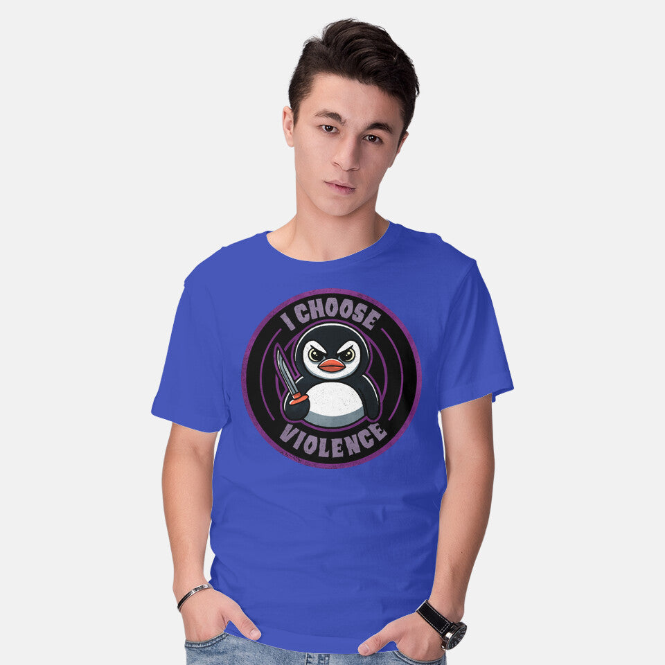 Model wearing royal blue Violent Penguin – Animal Graphic T-Shirt