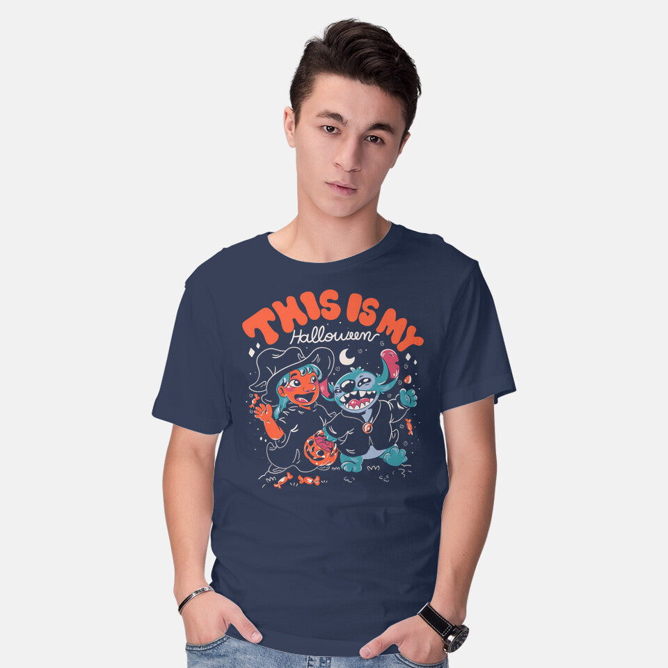 Model wearing navy My Halloween – Halloween Graphic T-Shirt