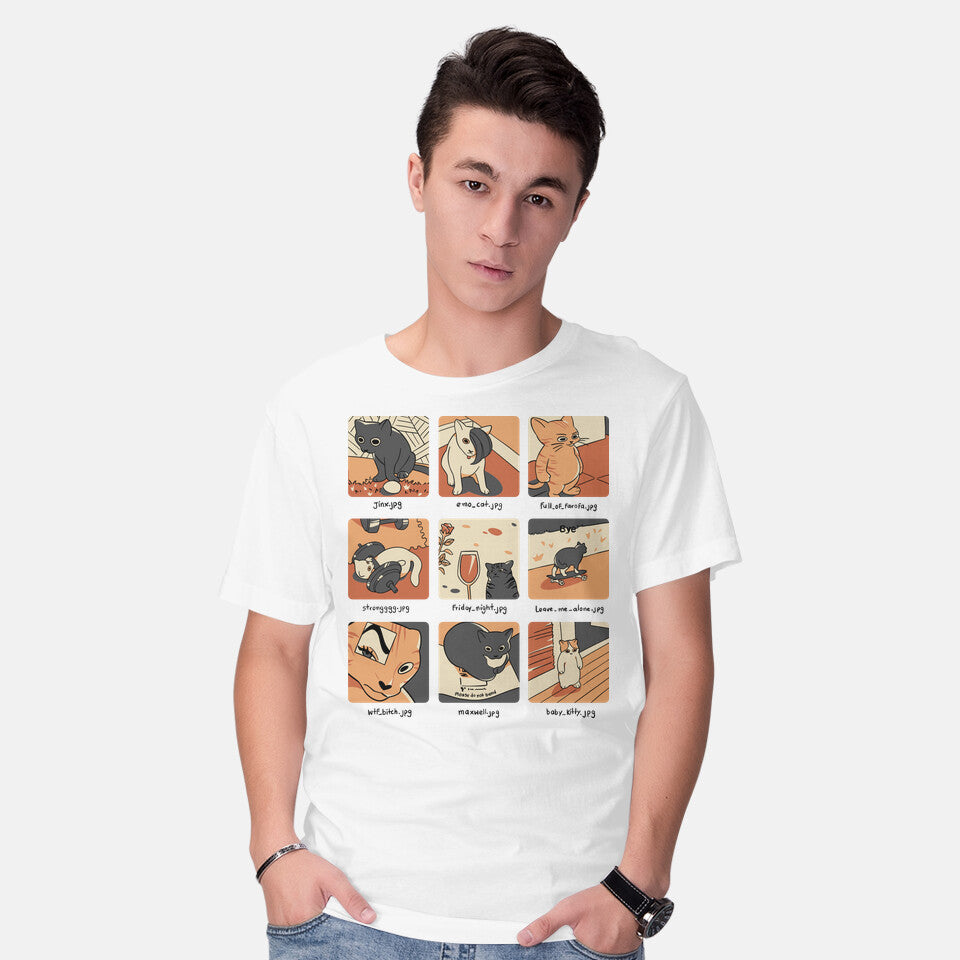 Model wearing white Cat Meme – Cat Graphic T-Shirt