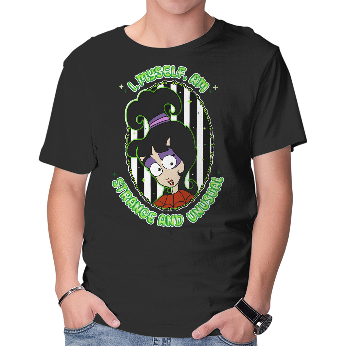 I Myself Am Strange And Unusual – Horror Graphic T-Shirt in black, product display