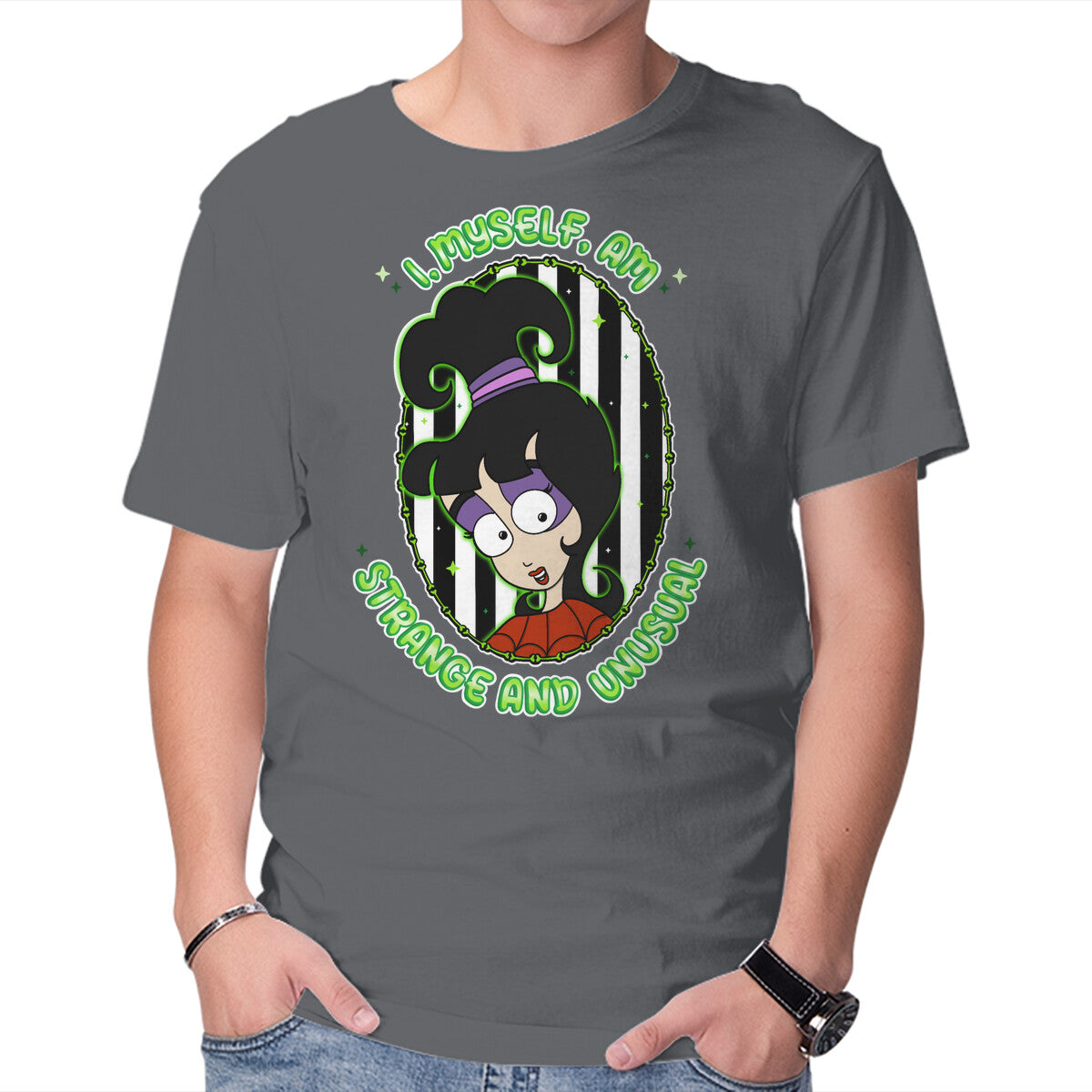 I Myself Am Strange And Unusual – Horror Graphic T-Shirt in charcoal, product display
