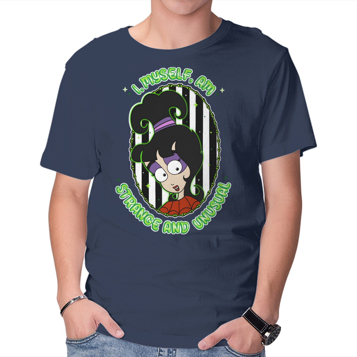 I Myself Am Strange And Unusual – Horror Graphic T-Shirt in navy, product display