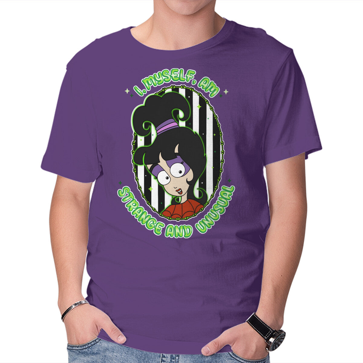 I Myself Am Strange And Unusual – Horror Graphic T-Shirt in purple, product display