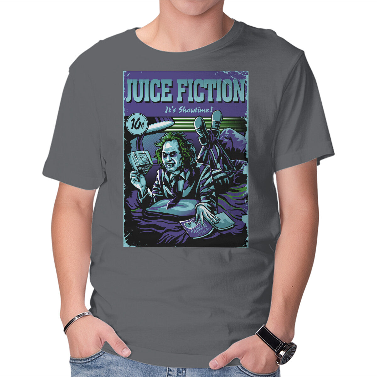 Juice Fiction – Horror Graphic T-Shirt in charcoal, product display