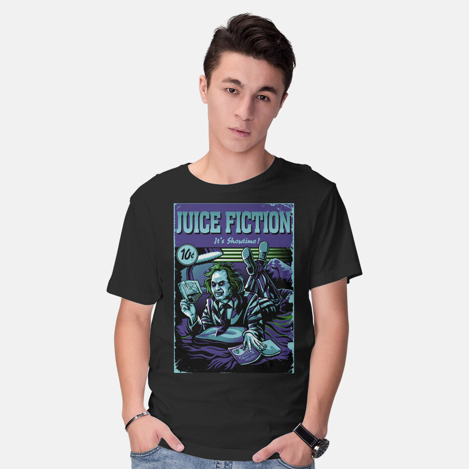Model wearing black Juice Fiction – Horror Graphic T-Shirt