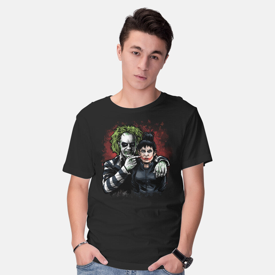 Model wearing black Juice Smile – Horror Graphic T-Shirt