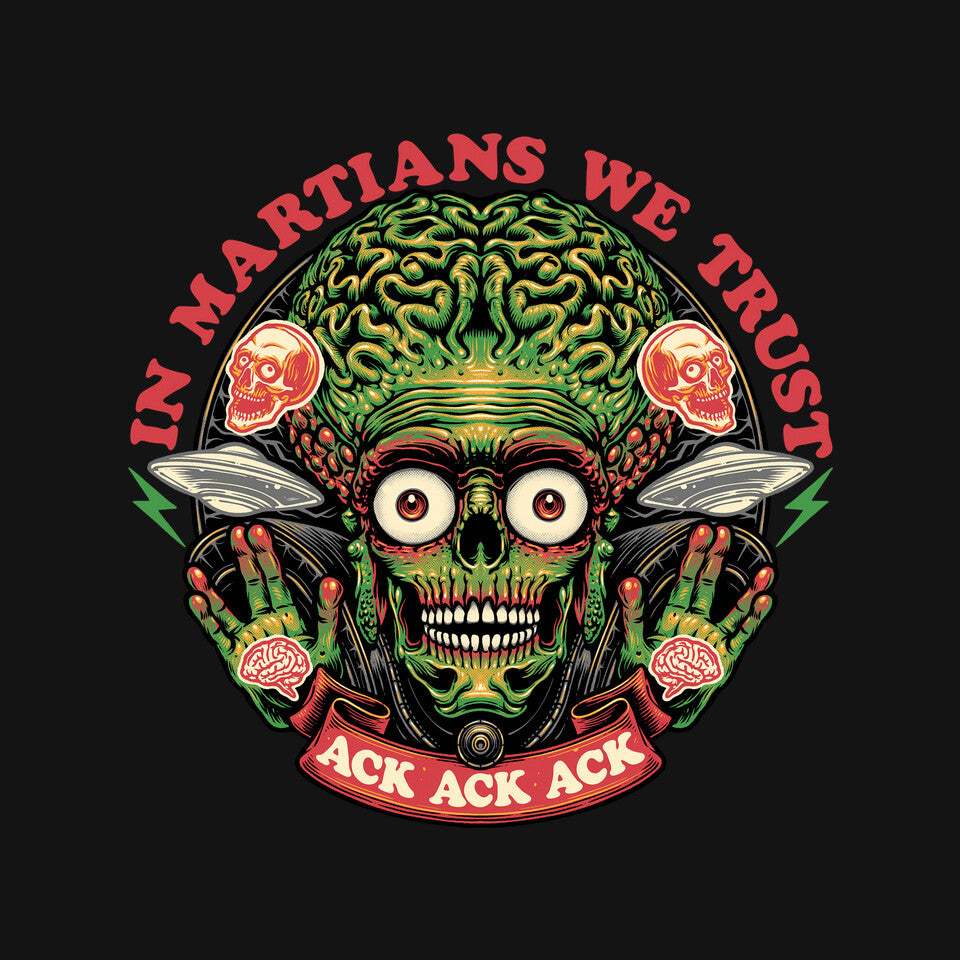 In Martians We Trust – Sci-Fi Graphic T-Shirt design artwork for black graphic T-shirt