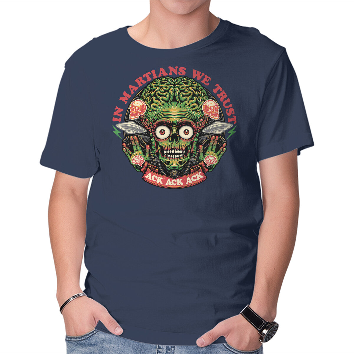 In Martians We Trust – Sci-Fi Graphic T-Shirt in navy, product display