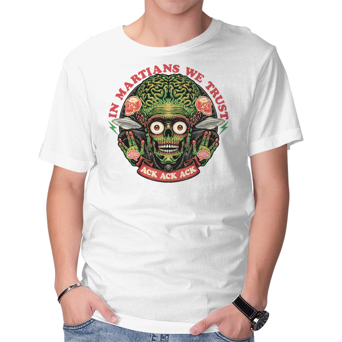 In Martians We Trust – Sci-Fi Graphic T-Shirt in white, product display