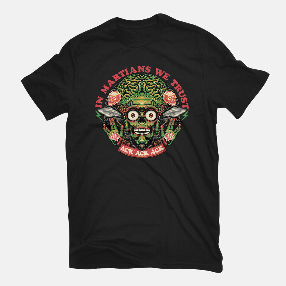 In Martians We Trust – Sci-Fi Graphic T-Shirt in black, flat-lay product view