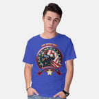 Model wearing royal blue Vote Patriot Graphic T-Shirt