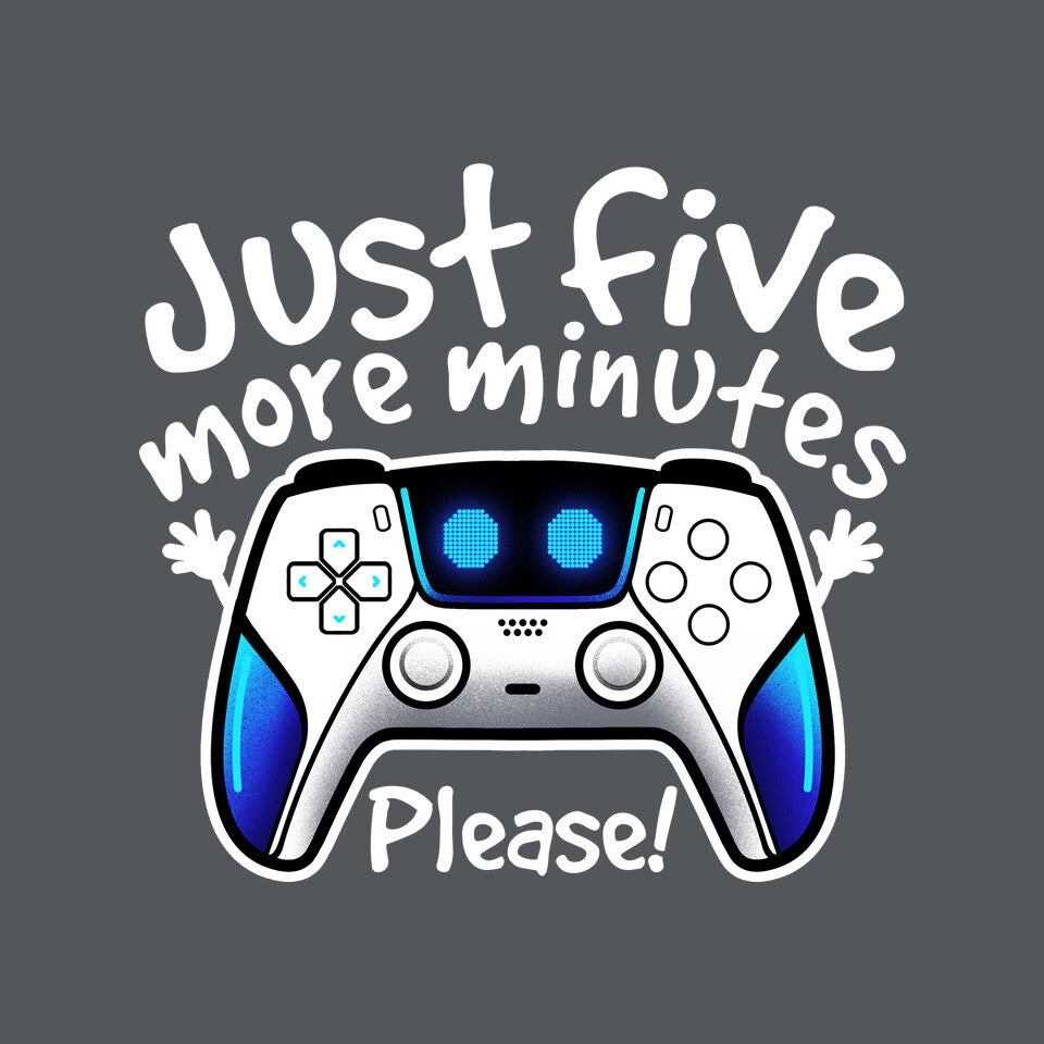 Just Five More Minutes Astro – Gaming Graphic T-Shirt design artwork for charcoal graphic T-shirt