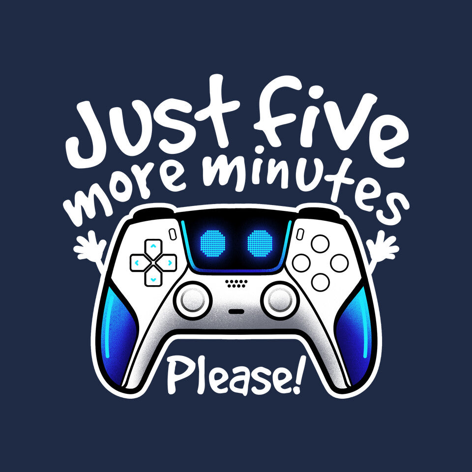 Just Five More Minutes Astro – Gaming Graphic T-Shirt design artwork for navy graphic T-shirt