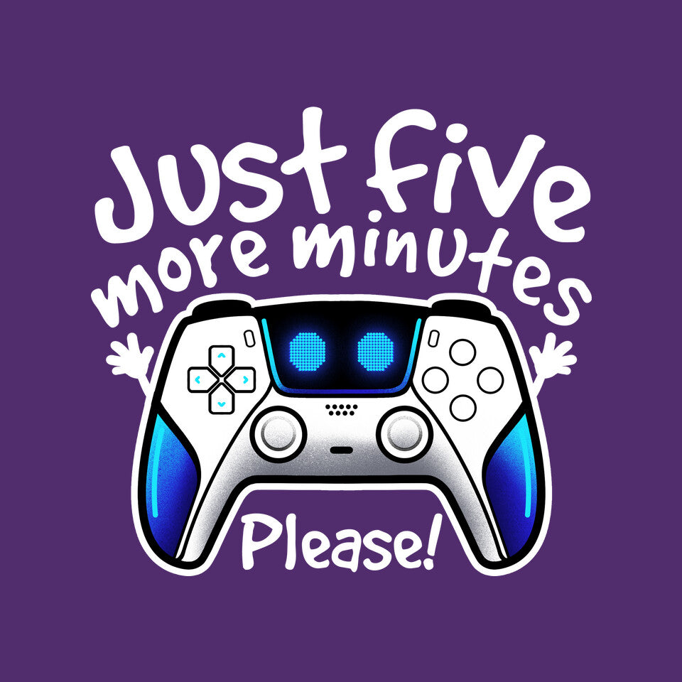 Just Five More Minutes Astro – Gaming Graphic T-Shirt design artwork for purple graphic T-shirt