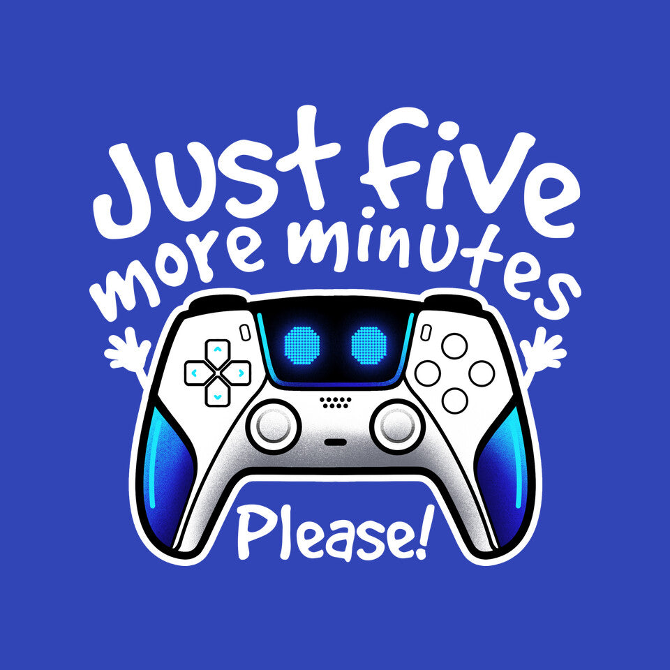 Just Five More Minutes Astro – Gaming Graphic T-Shirt design artwork for royal blue graphic T-shirt