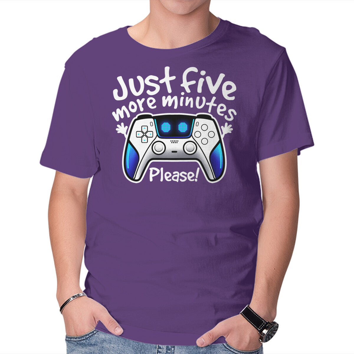 Just Five More Minutes Astro – Gaming Graphic T-Shirt in purple, product display
