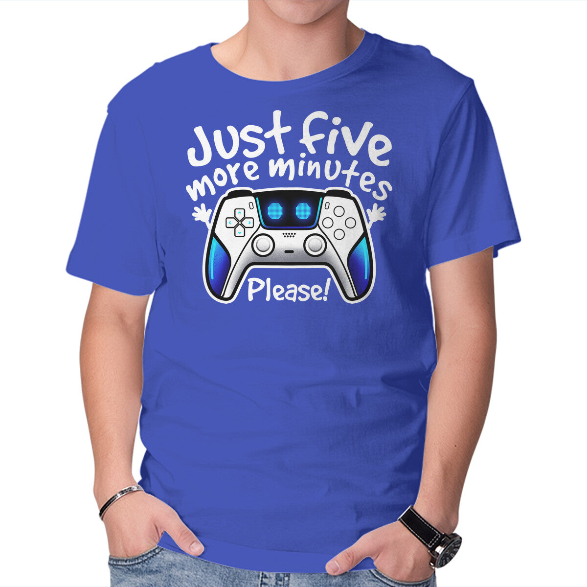 Just Five More Minutes Astro – Gaming Graphic T-Shirt in royal blue, product display