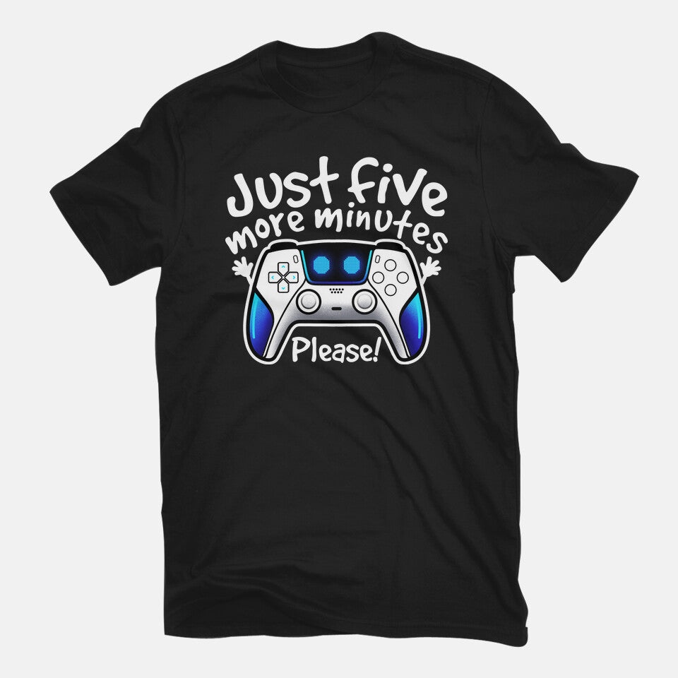 Just Five More Minutes Astro – Gaming Graphic T-Shirt in black, flat-lay product view